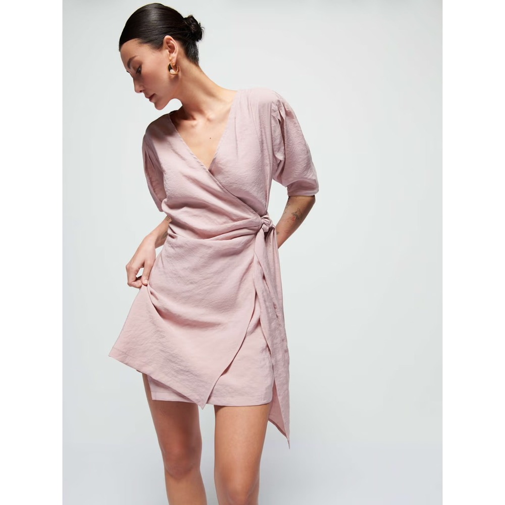 Nation LTD Meredith Tie Front Dress Lavendar Ice Pink Modal Wrap Mini S NWT Flaw